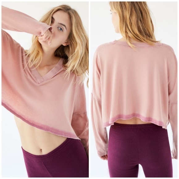 Dusty Rose Pink Dolman V-Neck Long Sleeve Crop Top - Picture 1 of 5